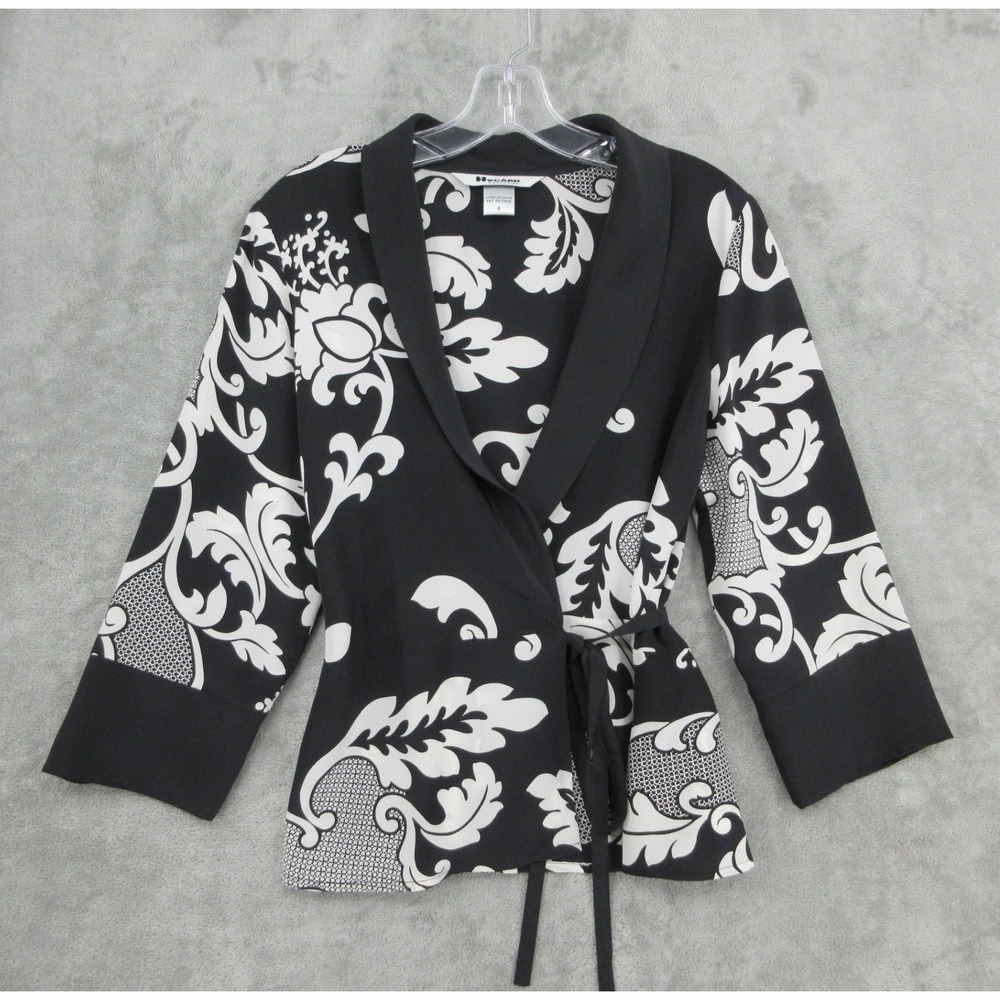 Nygard Collection Top Women 8 Silk Floral Wrap Blouse Long Sleeve Kimono Black